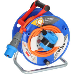 CEE-kabelhaspel met 23+2m RN-Kabel in oranje (camping kabelhaspel met CEE-hoekkoppeling incl. Stekkerdoos + CEE-stekker, voor buitengebruik)