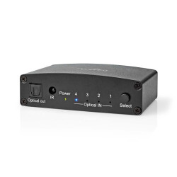 Digitale Audio-Switch | 4-wegs | Ingangen audio / video / data: DC Power / 4x TosLink | Uitgangen audio / video / data: TosLink Female | Afstandsbediening / Drukknop / Manueel | Metaal | Zwart