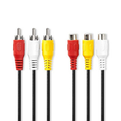 Composiet Videokabel | 3x RCA Male | 3x RCA Female | Vernikkeld | 480p | 5.00 m | Rond | PVC | Zwart | Envelop