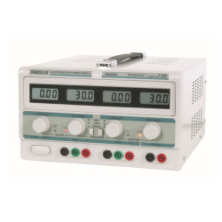 DUBBELE DC-LABOVOEDING - 2 x 0-30 VDC / 0-3 A + 5 VDC vast / 3 A MAX MET 4 LCD-SCHERMEN DUBBELE DC-LABOVOEDING - 2 x 0-30 VDC / 0-3 A + 5 VDC vast / 3 A MAX MET 4 LCD-SCHERMEN