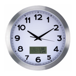 ALUMINIUM WANDKLOK MET LCD-DISPLAY EN THERMOMETER, HYGROMETER & WEERSVOORSPELLING - Ø 35 cm
